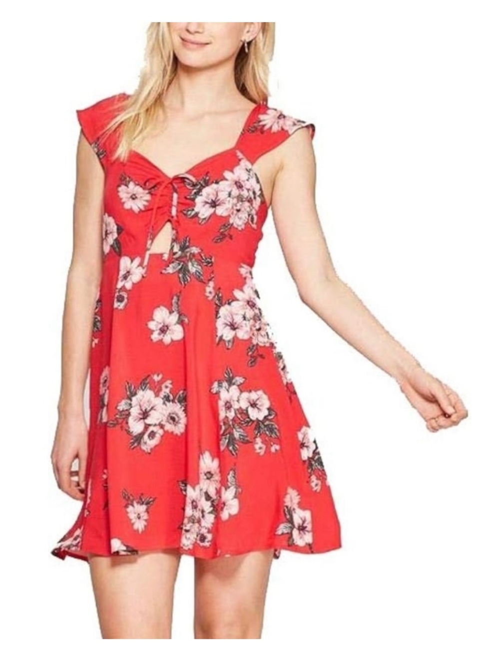 Xhilaration Coral-Red Floral Tie-Front Mini Dress